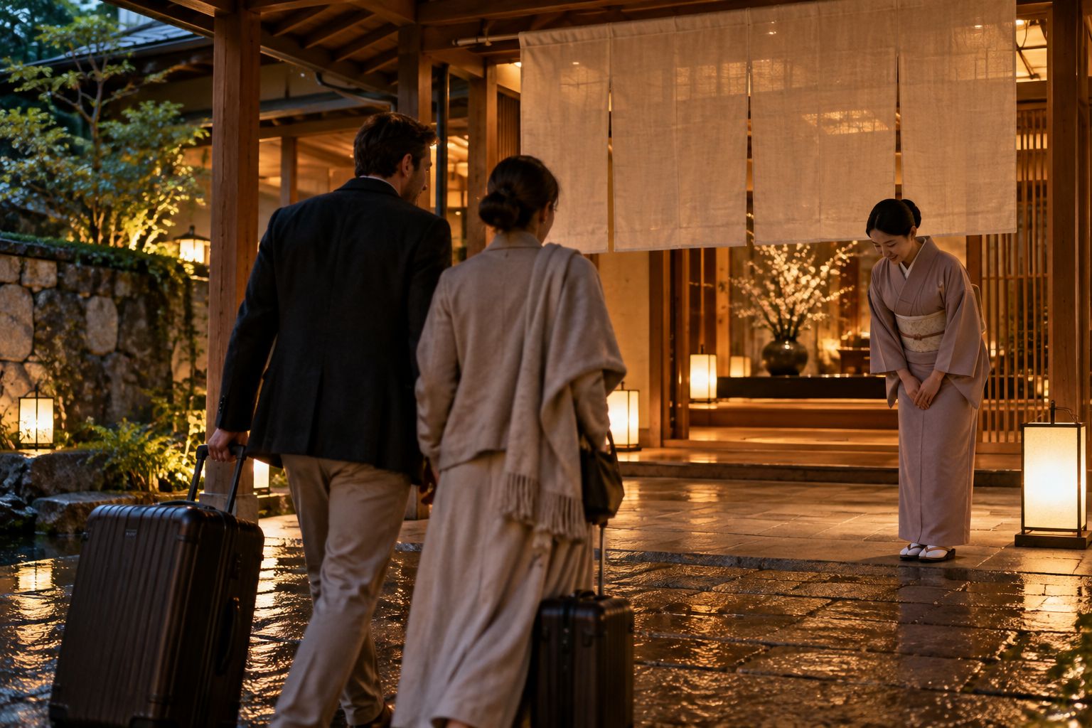 夜の旅館の玄関で、女将がお客様を出迎える様子