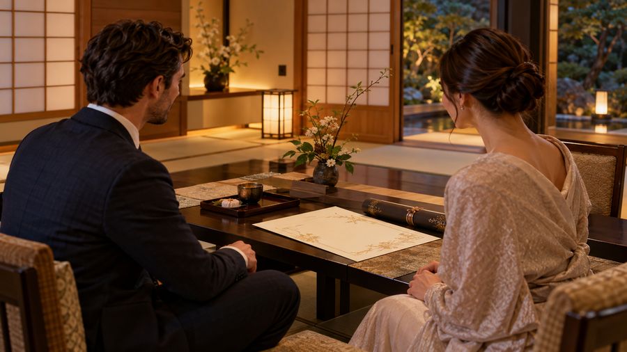 客室で命名の候補を読む二人