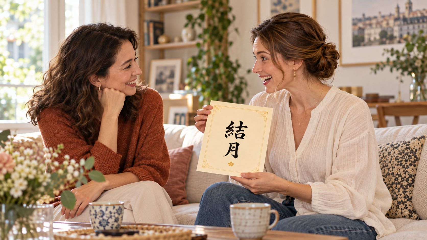 帰国後、友人に命名の紙を見せて話す女性