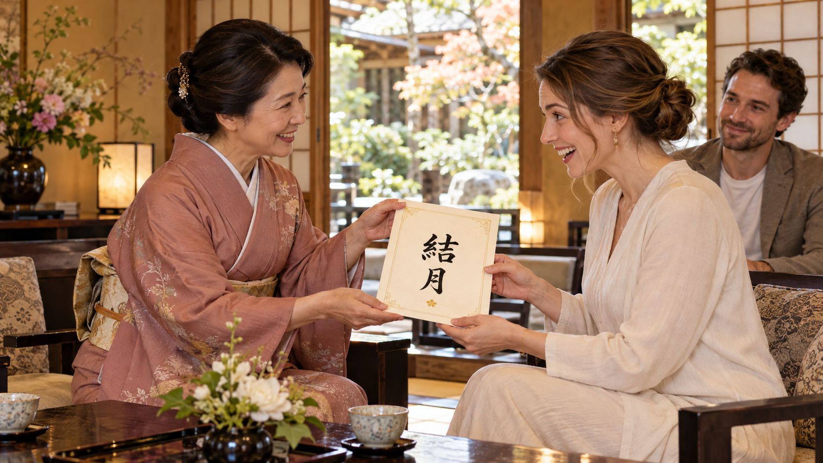 女将が外国人のお客様に、日本名「結月」を書いた紙を手渡している様子