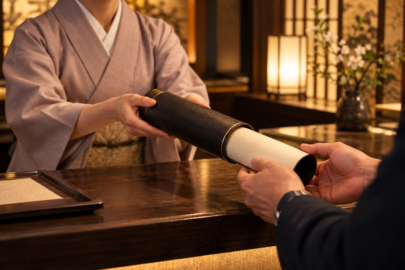女将が賞状筒に入れた命名証明書を手渡す手元