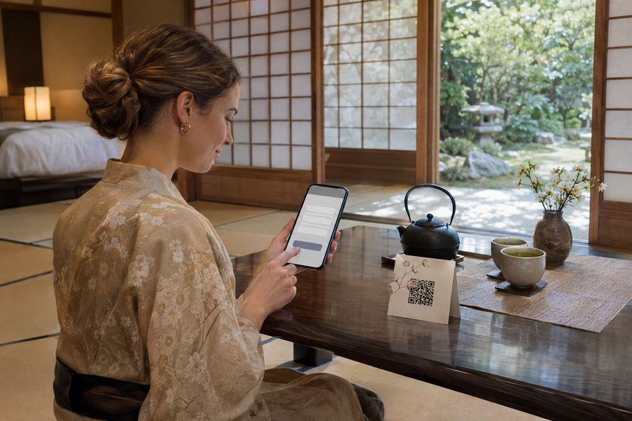 客室でスマートフォンを操作する着物姿の女性